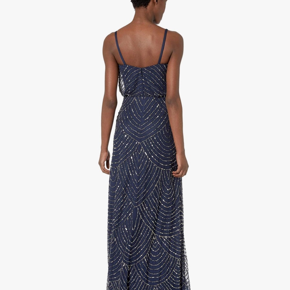 Adrianna Papell Art Deco Beaded Blouson Navy Full Length Formal Gown - Picture 3 of 14